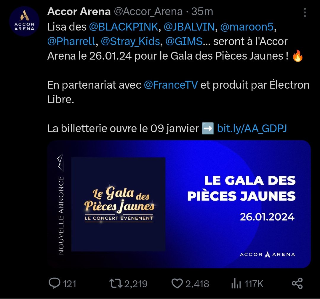 viraltakes's tweet photo. Lisa of BLACKPINK and Stray Kids along with J Balvin, Maroon5, and Pharrell will reportedly be performing at the Accor Arena on January 26th next year for the Yellow Pieces Gala Concert 2024. https://t.co/R0Jp9RTtBL