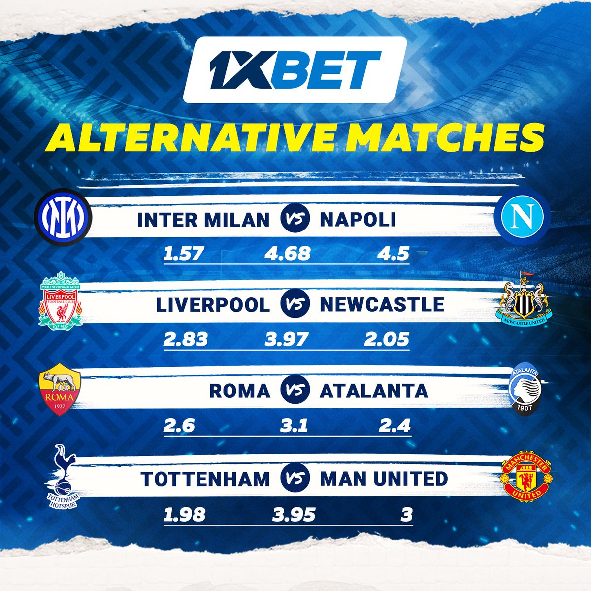 1xBet_Zambia's tweet photo. Alternative bets are always interesting 😎
Visit our website, find bets on Alternative matches - and choose the best option for yourself!
#bets #InterMilanFC #Napoli #LiverpoolFC #Newcastle #Roma #Atlanta #Tottenham #ManUnited https://t.co/J17frrmNMQ
