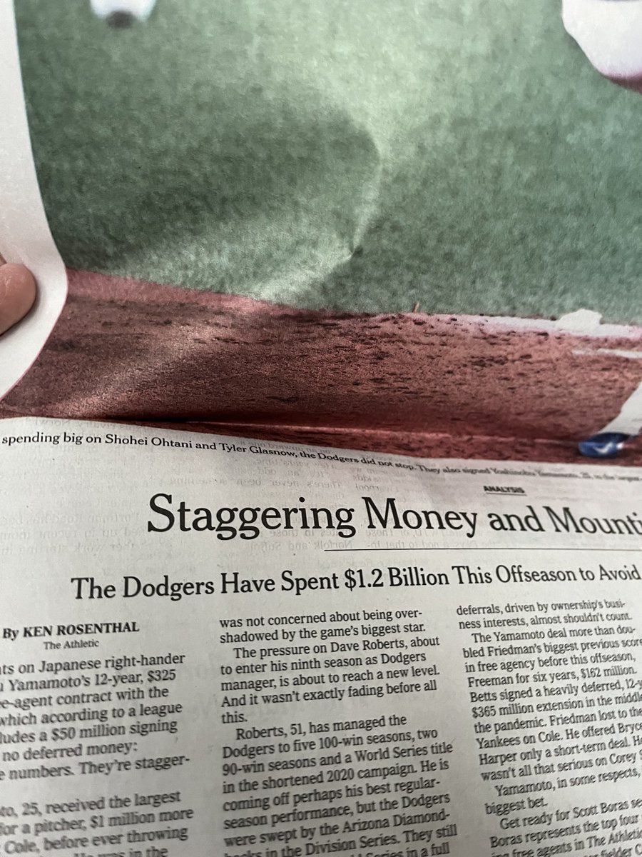 Even the vaunted ⁦@nytimes⁩ doesn’t understand the difference between past, present, and future. The Dodgers have not >spent< 1.2 billion dollars this offseason, they have >committed to spending< that much over 20 years with a lot of contingencies built into those numbers.