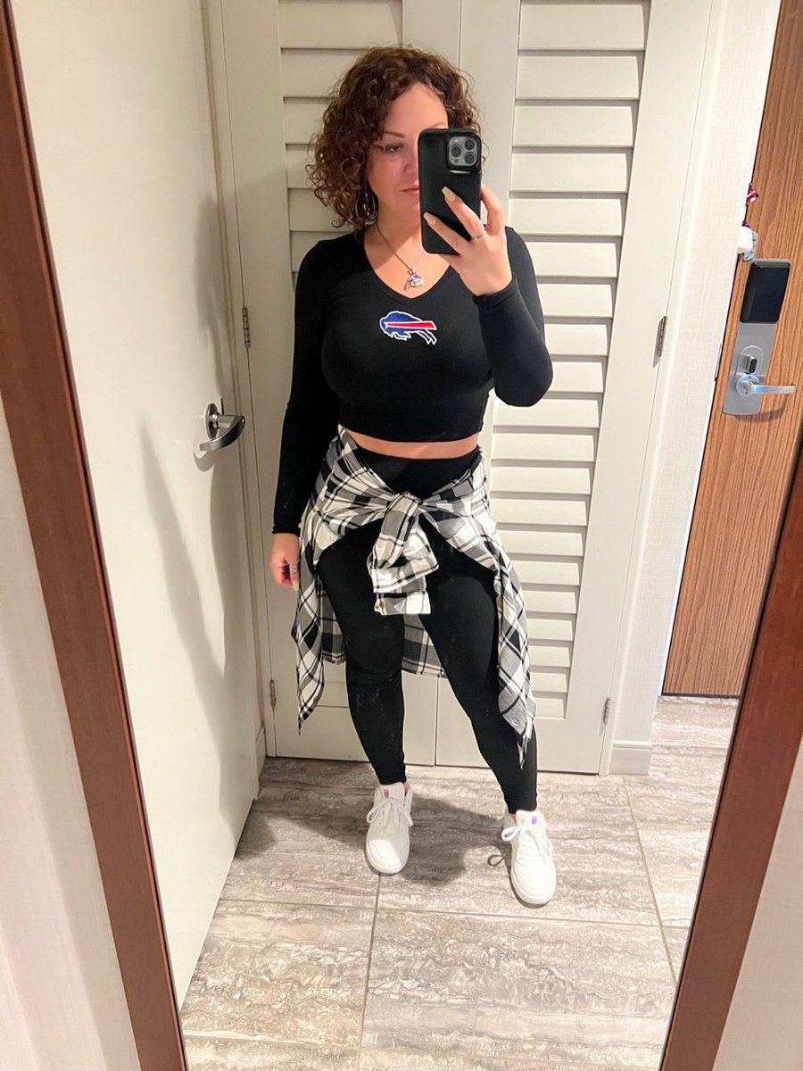 sara_larson's tweet photo. GameDay fit for consecutive game 58…got my zubaz Santa hat and my sequin Bills jacket if it gets chilly. 

We need this DUB….let’s goooo!

#BillsMafia | @BuffRumblings https://t.co/ziPvsl0iG2