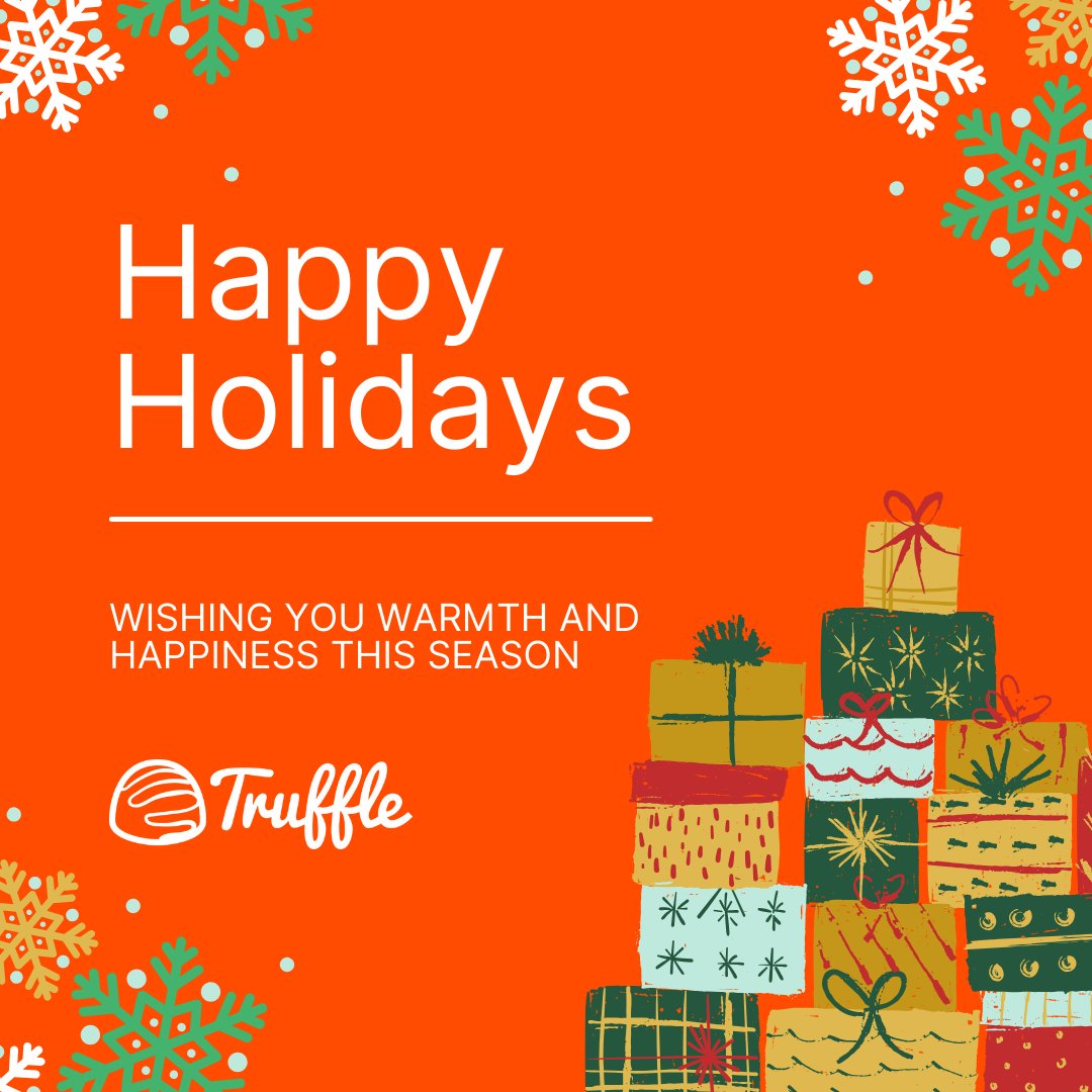 Truffle Systems (@trufflesystems) on Twitter photo This holiday season, we wish you happiness and warmth from all of us at Truffle! ππ
After a year filled with growth, new partnerships, and exciting new opportunities, we are looking forward to what 2024 holds.Β 
Happy Holidays!
-The Truffle team This holiday season, we wish you happiness and warmth from all of us at Truffle! ππ
After a year filled with growth, new partnerships, and exciting new opportunities, we are looking forward to what 2024 holds.Β 
Happy Holidays!
-The Truffle team