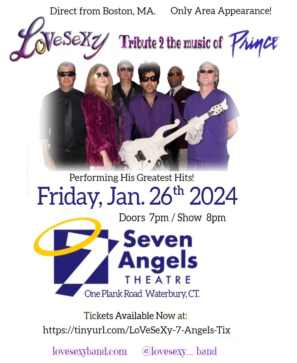 Join @LoVeSeXy_band as we debut in Waterbury, CT at Seven Angels Theatre on Jan 26th.2024. Tickets Are On Sale Now! tinyurl.com/LoVeSeXy-7-ang… #prince #princetribute #sevenangelstheatre #LoVeSeXy_band #waterburyCT