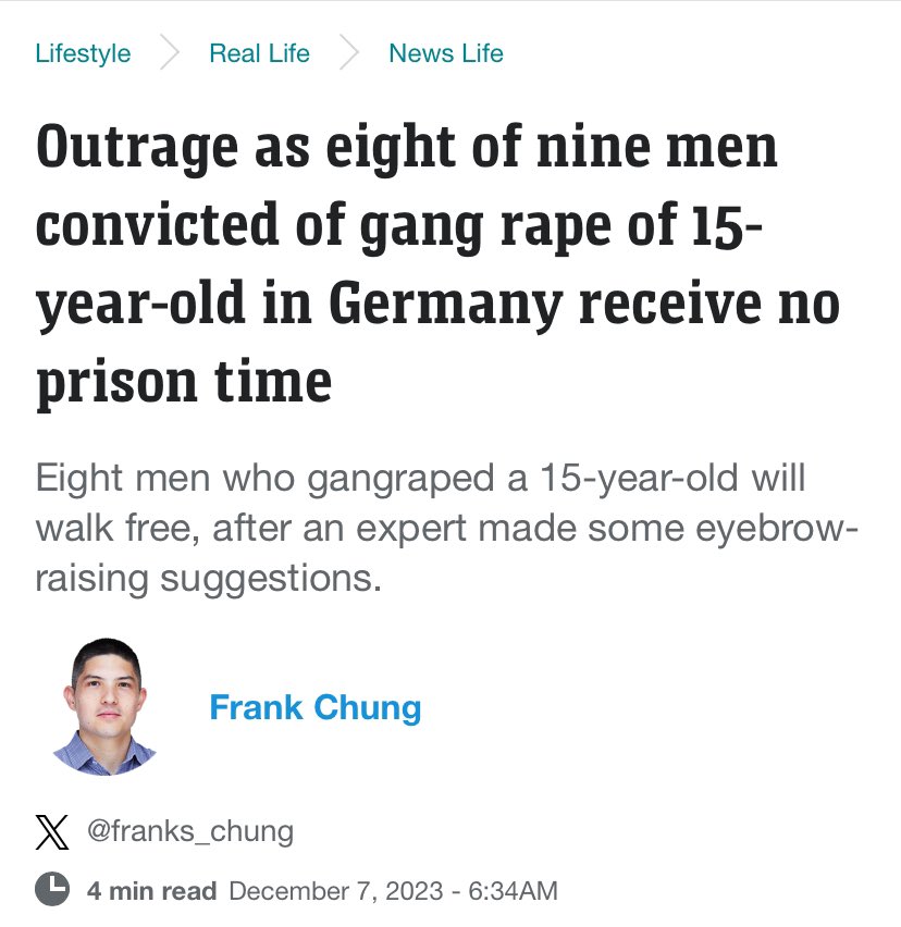 When this happens, the society is in a death spiral. Rather than executing these men, Germany imposes ZERO punishment for gang raping a 15-year old girl. No moral compass. No honor. No dignity. “Rape our children because we are progressive and tolerant.”
