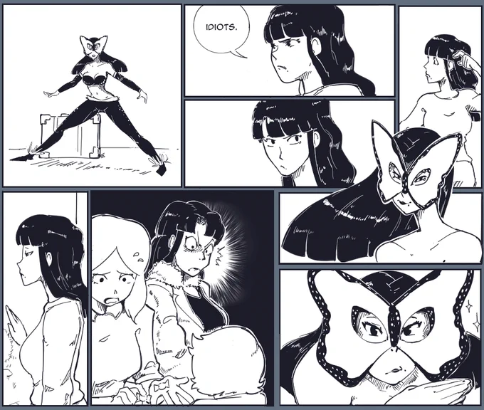 Some drawings I like from the comic I'm working on, Okabamadara. Her real name is Yae, and I'm still trying to figure out how to show the lines on her mask in a nice way. 