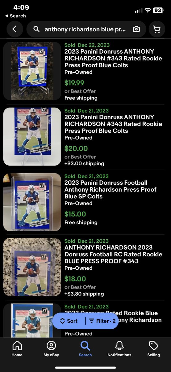 Anthony Richardson Blue Press Proof $15 PWE 

@sports_sell @DirtyWorldRT @HobbyRetweet_ @24_7SportsCards @84baseballcards @CardboardEchoes @Hobby_Connect