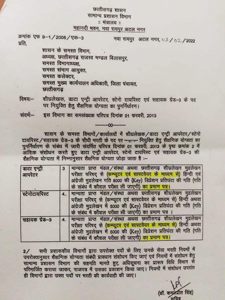 Amitesh1000's tweet photo. #03feb2022 के आदेश में कंप्यूटर टाइपिंग परीक्षा पास सर्टिफिकेट को क्लर्क डाटा एंट्री ऑफरेटर ,स्टेनो टाइपिस्ट, एवम स्टेनोग्राफर की भर्ती परीक्षा में अनिवार्य किया गया है ये परीक्षा कभी आयोजित ही नही हुई है @vishnudsai @ArunSao3 @brijmohan_ag @OPChoudhary_Ind @ChhattisgarhCMO https://t.co/El4Pnrltsb