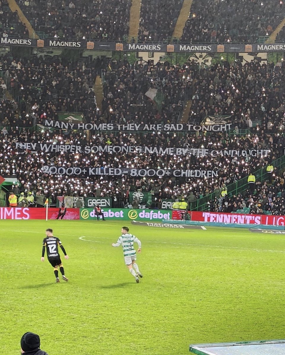 leylahamed's tweet photo. Celtic fans once again showing support for Palestine.

“Many homes they are sad tonight.
They whisper someone's name by the candlelight.
20,000+ killed - 8,000+ children.” https://t.co/NKEB7yuvNe