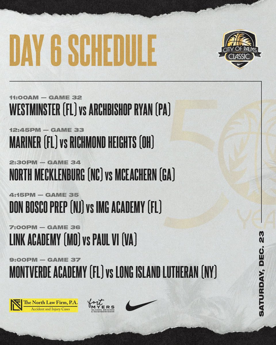 CityOfPalmsBKB's tweet photo. Day 6, a champion will be crowned!🏆🌴 #COP50 #MyFortMyers 

Watch live!📺🍿
7:00pm-ESPNU
8:00pm-ESPNU https://t.co/A2fToWBcIP