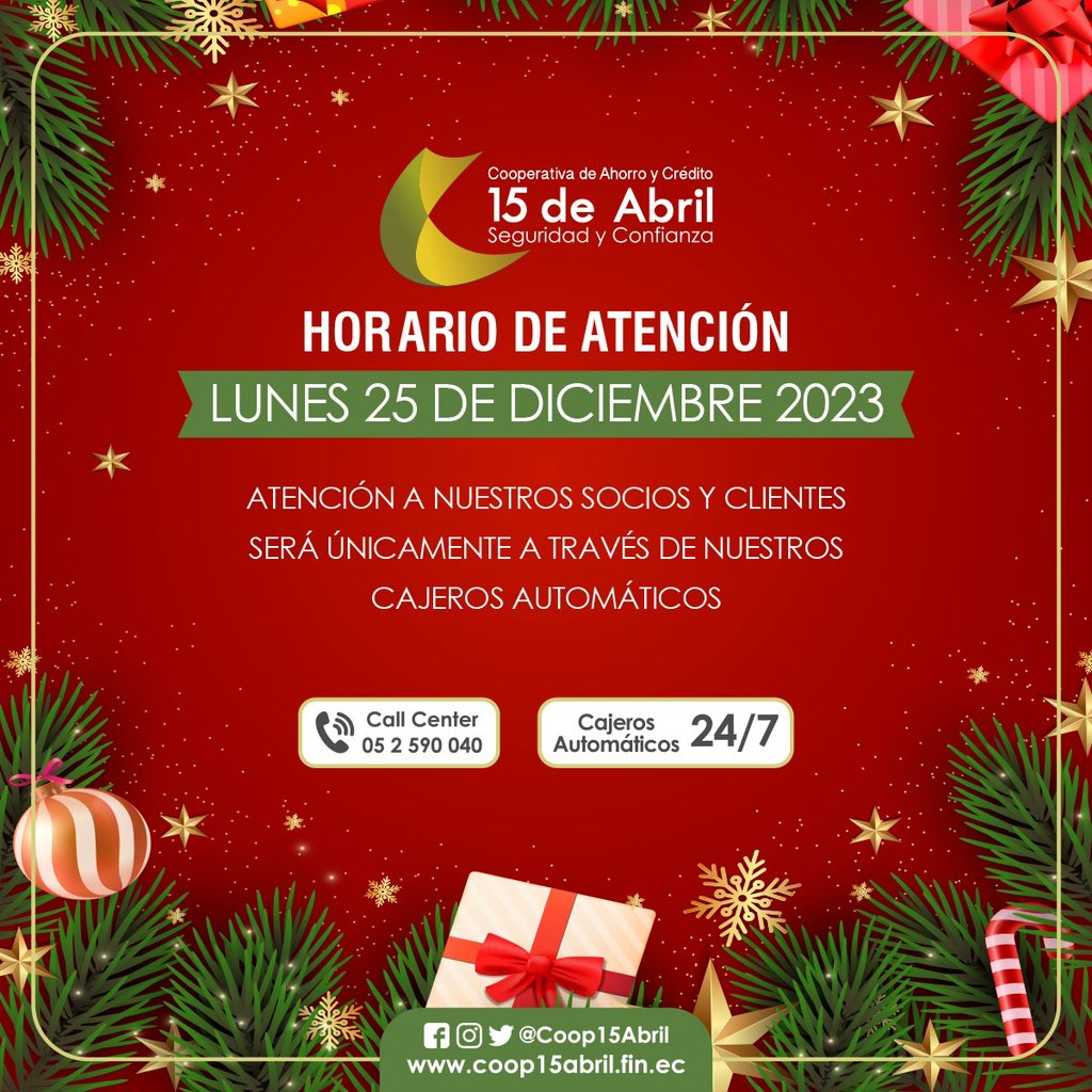 coop15abril's tweet photo. Conoce nuestro horario de atención del día lunes 25 de diciembre de 2023🎄

#Portoviejo #Manta #Rocafuerte #Coop15deAbril https://t.co/kdXHXASeEv