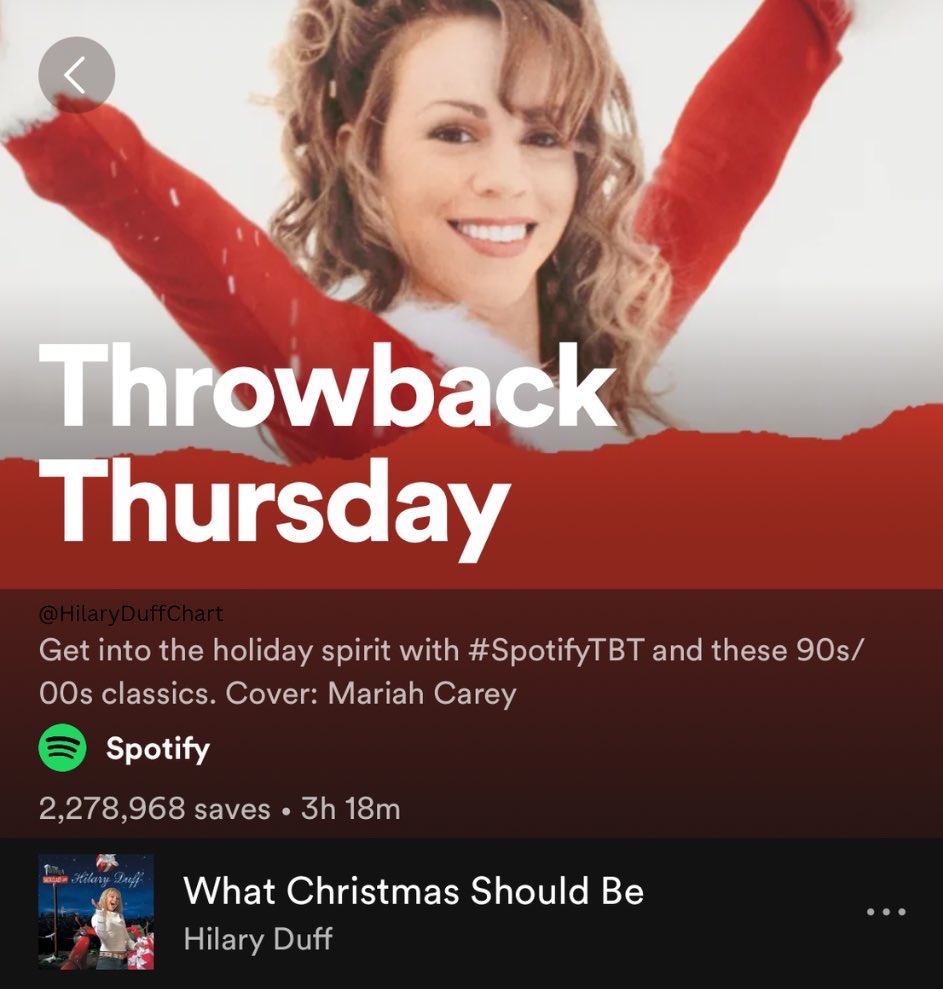 🎧| “What Christmas Should Be” by @HilaryDuff has been added to the official “Throwback Thursday” Holiday Edition playlist on @Spotify! — The playlist has over 2.2 MILLION followers. Stream here: t.ly/cLl0E