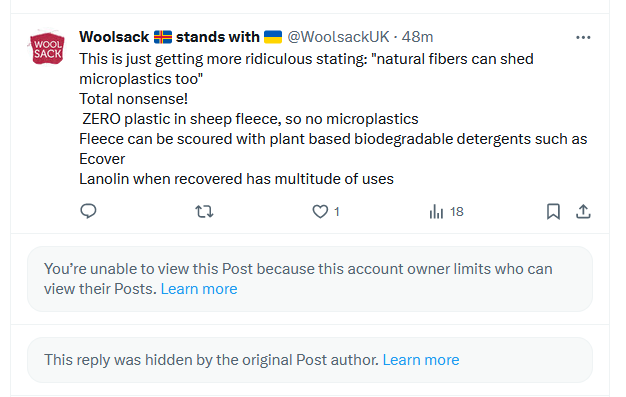 WoolsackUK's tweet photo. So it seems @mbolotnikova whom Monbiot describes as writing a 'brave' article is scared of one little knitter
When queried on her statement that wool sheds microplastics, she initially linked to this fine article https://t.co/TFHgykAZEp then hid her reply & blocked me
#NotBrave https://t.co/EECOGaWzo5