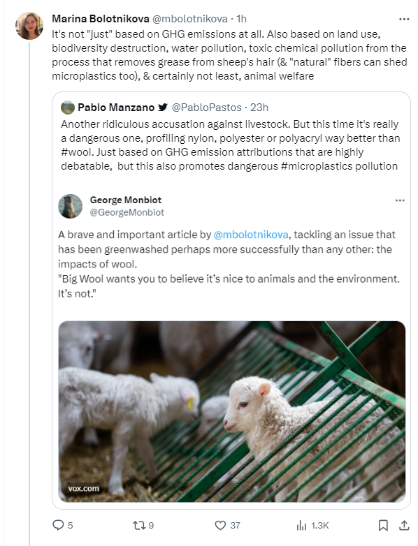 WoolsackUK's tweet photo. So it seems @mbolotnikova whom Monbiot describes as writing a 'brave' article is scared of one little knitter
When queried on her statement that wool sheds microplastics, she initially linked to this fine article https://t.co/TFHgykAZEp then hid her reply & blocked me
#NotBrave https://t.co/EECOGaWzo5