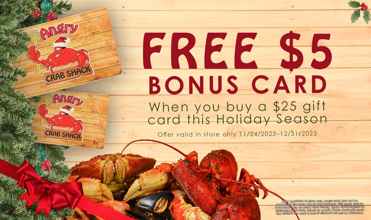Last-minute gift idea! Get a FREE $5 bonus card when you buy a $25 dollar gift card this Holiday Season. 🦀🎁 Angry Crab Shack is closing early Christmas Eve and will be closed on Christmas Day. #Crabbing #AngryCrabShack #love #giftcardsale #supportlocal #smallbusiness