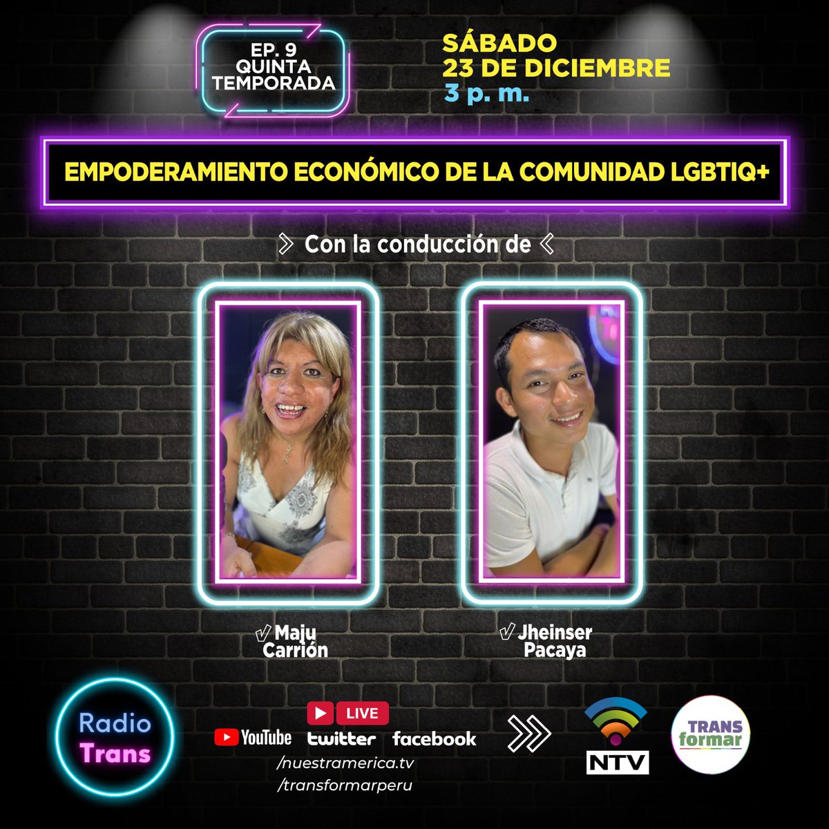 Transformarperu's tweet photo. 📣🌈Conéctate a un nuevo episodio de #RadioTrans para conversar sobre las oportunidades económicas y desafíos que enfrenta la comunidad LGBTIQ+
🗓️ Sábado 23 de diciembre.
🕙 3:00 P. M.
🔴 EN VIVO por las redes de @TvNuestramerica https://t.co/mcQGk9Nqn3