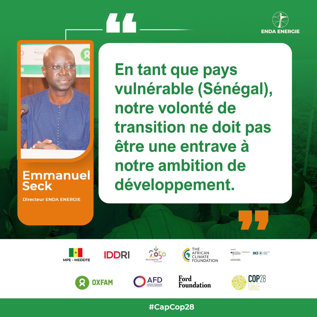 endaenergylinks's tweet photo. Parlant du Sénégal, en tant que pays vulnérable, Mr @EmmanuelSobel , Directeur de ENDA ENERGIE a dit que : "Notre volonté de transition ne doit pas être une entrave à notre ambition de développement." #CapCop28 #Cop28 https://t.co/v6vEmCUB0u