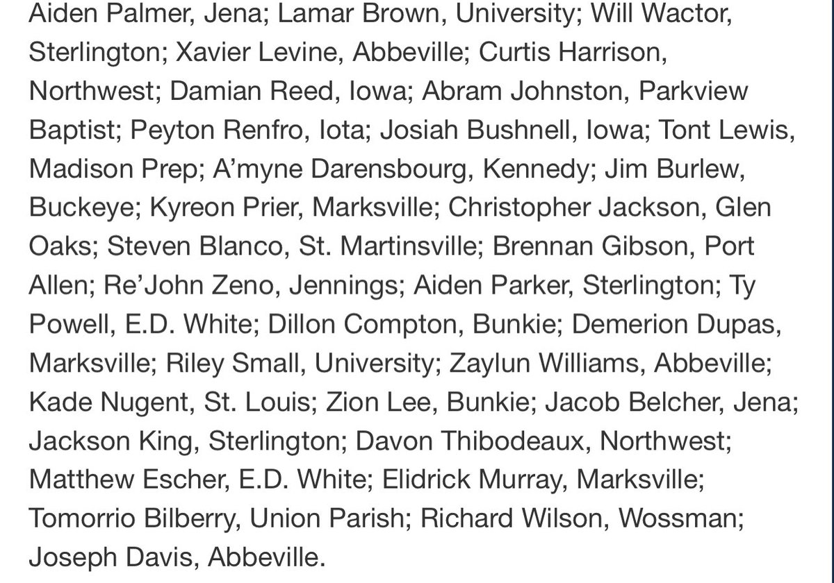 k104scoreboard's tweet photo. LSWA All State 3A

OFFENSIVE POY: BRAYDEN WILLIAMS, ST. JAMES
DEFENSIVE POY: GRAHAM MONTET, ST. LOUIS
COY: JOE SPATAFORA, UNION PARISH https://t.co/jXGQlud4QB