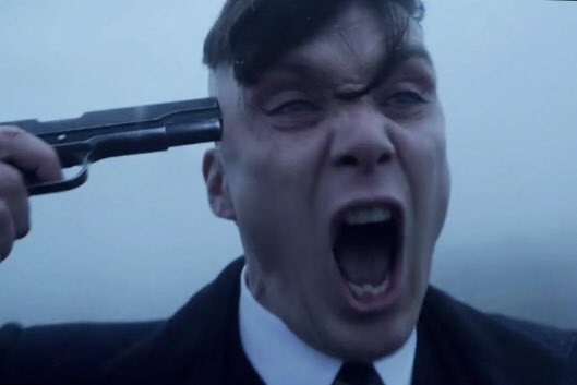 memestorer's tweet photo. cillian murphy thomas tommy shelby peaky blinders oppenheimer white guy suit hold point gun pistol head shoot shout scream cry threaten suicide fog crazy insane losing sanity mental reaction devastated going through it dramatic shock last straw this close bad news kill myself kms https://t.co/oIIDWILihm