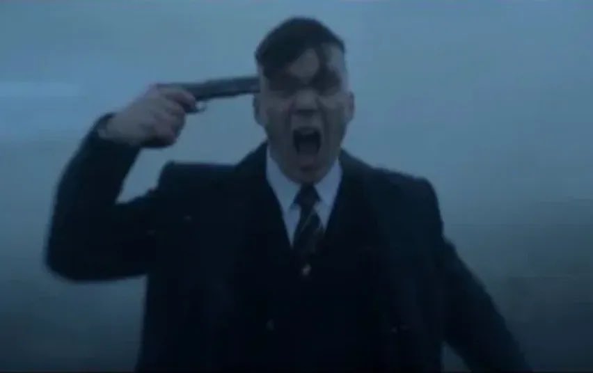 memestorer's tweet photo. cillian murphy thomas tommy shelby peaky blinders oppenheimer white guy suit hold point gun pistol head shoot shout scream cry threaten suicide fog crazy insane losing sanity mental reaction devastated going through it dramatic shock last straw this close bad news kill myself kms https://t.co/oIIDWILihm