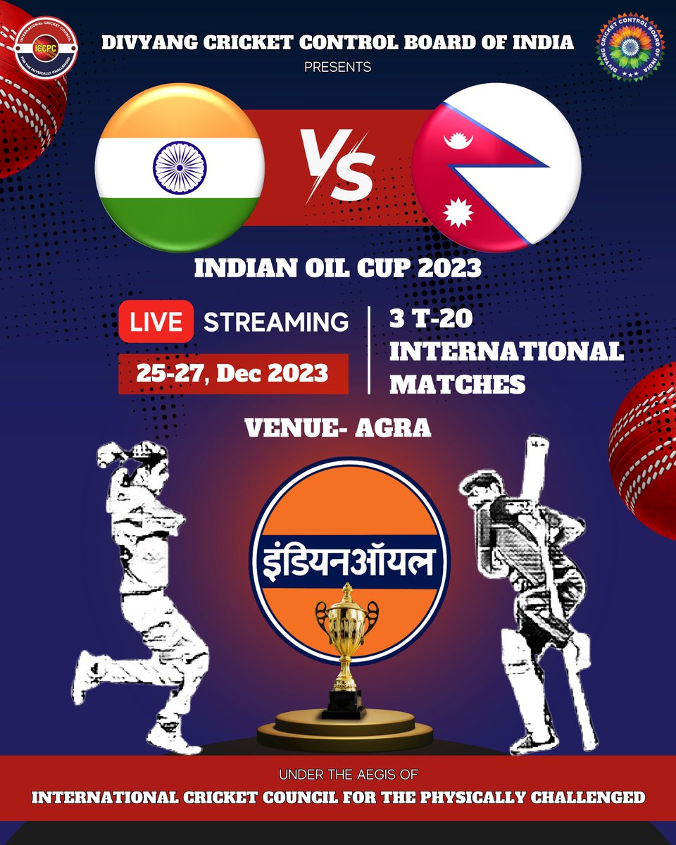 DCCBIofficial's tweet photo. 2 days to go to INDIAN OIL CUP 2023 🇮🇳 vs 🇳🇵
India vs Nepal 
3 T-20 International Matches
Railway Cricket Stadium, Agra
#IndianOilCup2023 
.
#CelebratingInclusivity #IndiavsNepal #InclusiveCricket 
.
#DCCBI #DivyangCricket #cricket 
@BCCI @JayShah @IndianOilcl https://t.co/0vLCq4xstw