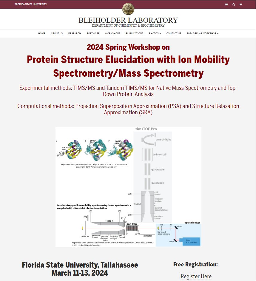 (1/2) Please RT. Our lab is organizing a Spring Workshop on Protein Structure Elucidation with Ion Mobility Spectrometry/Mass Spectrometry on March 11-13, 2024. Topics: TIMS/MS, Tandem-TIMS/MS, PSA, and SRA. chem.fsu.edu/~bleiholder/20… @asmsnews @FemalesInMS @NSF