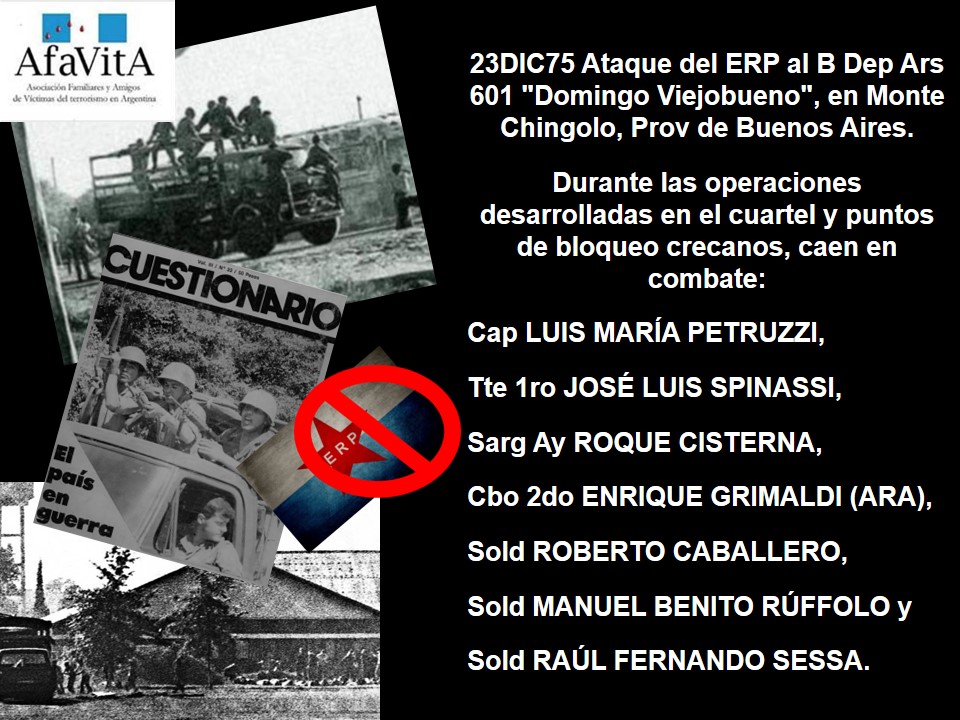 AFAVITA1's tweet photo. Durante ek ataque al cuartel y puntos de bloqueo crecanos, caen en combate: el Cap LUIS MARÍA PETRUZZI, Tte 1ro JOSÉ LUIS SPINASSI, Sarg Ay ROQUE CISTERNA (EA), Cbo 2do ENRIQUE GRIMALDI (ARA), Sold ROBERTO CABALLERO, MANUEL BENITO RÚFFOLO y RAÚL FERNANDO SESSA (EA). https://t.co/ICRMpfyftN