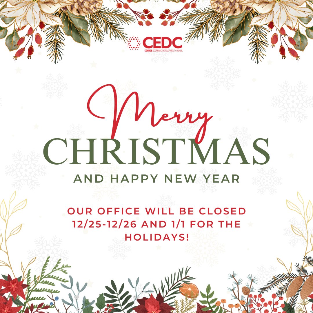 ConroeEDC's tweet image. The CEDC wishes you a Merry Christmas and a Happy New Year! 🎄We hope your holidays are filled with joy and peace!