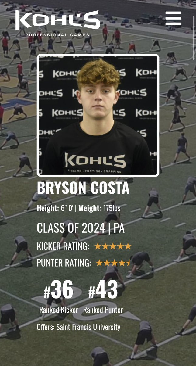After a great performance at Kohl’s Winter Showcase, I am blessed to announce I am a 5⭐️ Kicker (#36 nation, #2 in PA) and 4.5⭐️ Punter (#43 nation, #1 in PA). 
<a href="/ramblercoach/">Matt Grohal</a> <a href="/WindberFootball/">Windber Football</a> <a href="/KohlsKicking/">Kohl's Kicking Camps</a> <a href="/KohlsHighlights/">Kicking, Punting, Long Snapping Highlights</a>