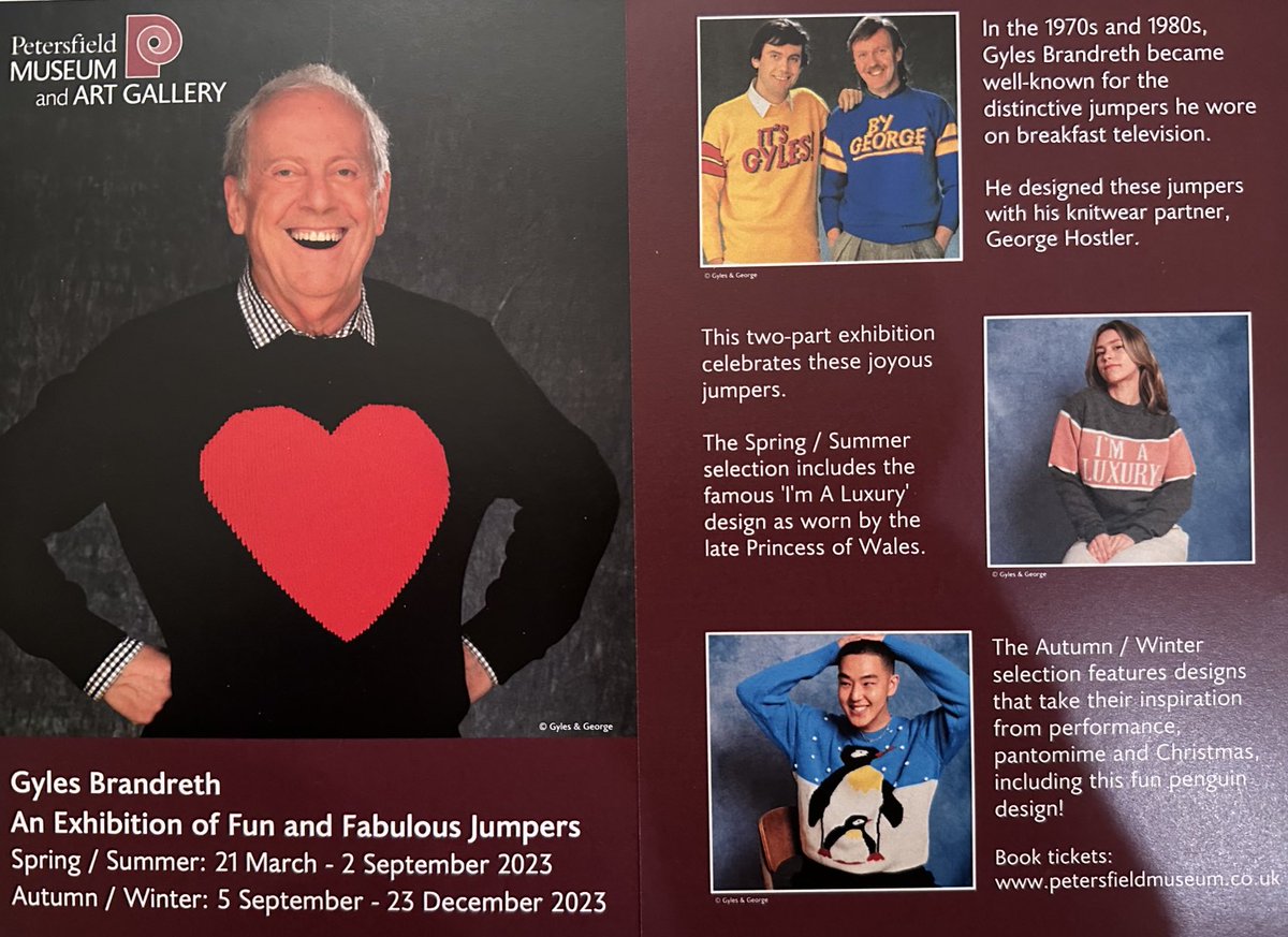 Gyles Brandreth (@gylesb1) on Twitter photo Oh my! It’s over. It ended today. The first major retrospective of my jumpers curated & shown at the brilliant <a href="/PfieldMuseum/">Petersfield Museum and Art Gallery</a> … which museum will be showing them next? Who knows? Meanwhile, my thanks to the Petersfield team for such a fabulous year of knitwear glory! Oh my! It’s over. It ended today. The first major retrospective of my jumpers curated & shown at the brilliant <a href="/PfieldMuseum/">Petersfield Museum and Art Gallery</a> … which museum will be showing them next? Who knows? Meanwhile, my thanks to the Petersfield team for such a fabulous year of knitwear glory!