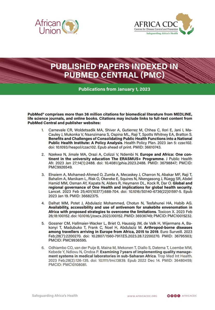 <a href="/AfricaCDC/">Africa CDC</a> contributes significantly to Public Health Research on the continent and Globally. Here are some of the key publications which have been published in 2023.
These publications are useful for Research and to inform decision making and policy development.