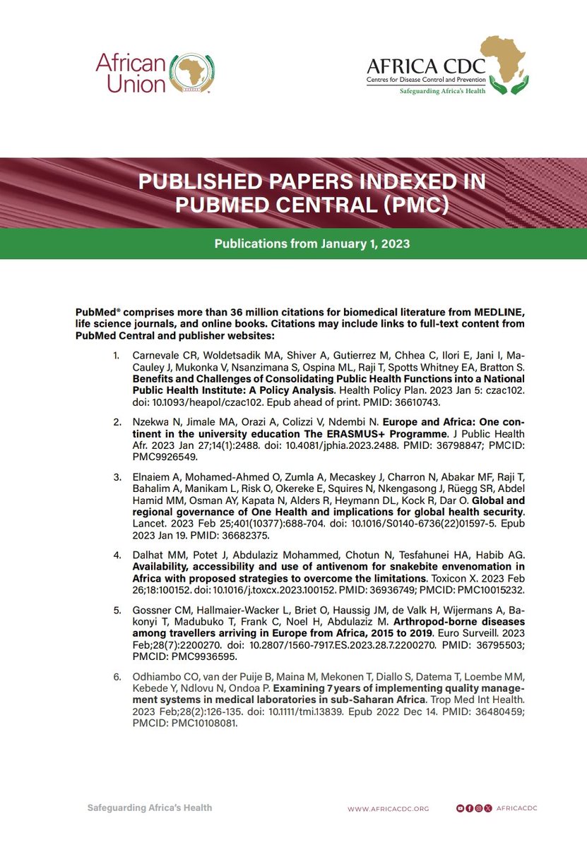 @AfricaCDC contributes significantly to Public Health Research on the continent and Globally. Here are some of the key publications which have been published in 2023. These publications are useful for Research and to inform decision making and policy development.