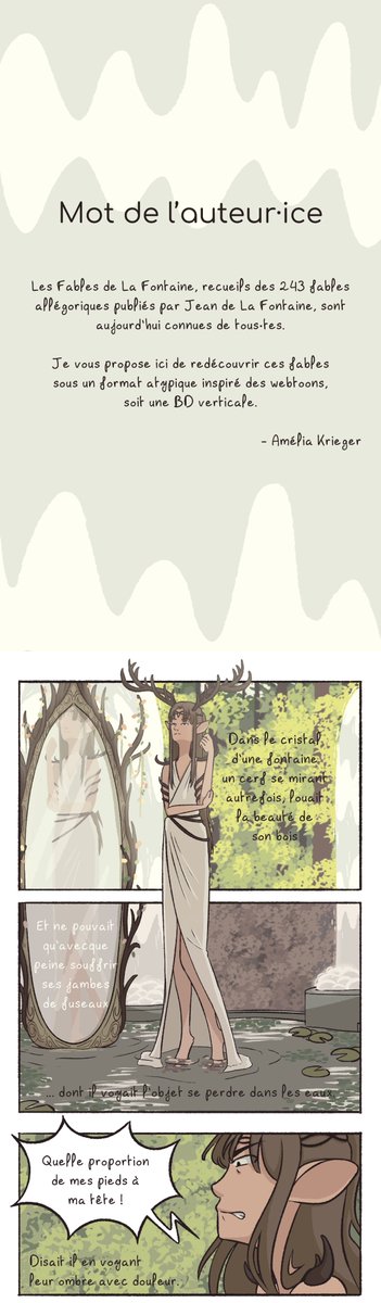 _Mayado's tweet image. L'un de mes projets préférés !
Choisir une fable de la fontaine et l'illustrer de façon innovante : j'ai pris Le Cerf se voyant dans l'eau et en ai fait une BD verticale dépliante, inspirée des webtoons !

Devrais-je en faire d'autres ? 👀 Si oui, lesquelles vous verriez ?