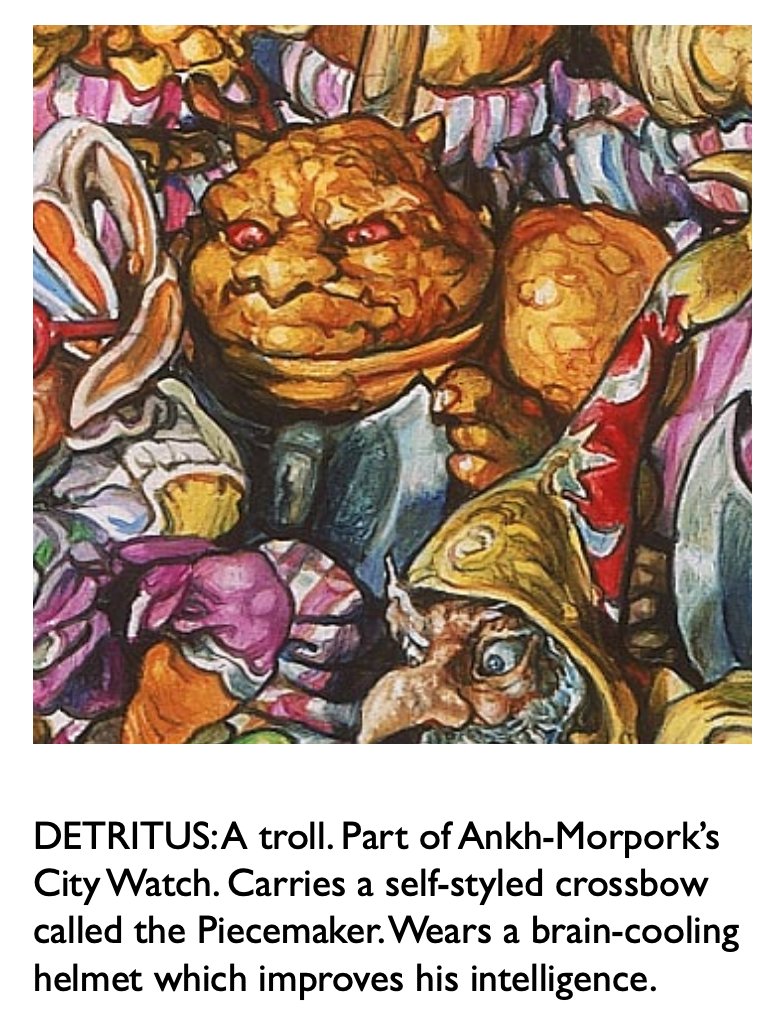 Greetings again, denizens of the Round World! 🌍 

It's part 10 in our illustrious 14-part saga: "Getting to Know You!"  May we present... Detritus 
🧙‍♂️
🧙
🧙‍♀️
#discworld #terrypratchett #JoshKirbyArt #joshkirby