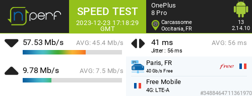 Energix's tweet image. ↓57530 kb/s ↑9781 kb/s, ⇄ 41 ms / mobile:Free Mobile / #OnePlus8Pro / #nPerf v2.14.10 / #5GFree #Carcassonne
