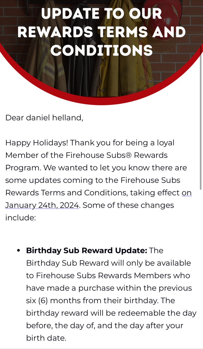 usafa2007's tweet photo. @FirehouseSubs continues to devalue the rewards program. First it was a 50% increase in rewards point redemption, now birthday subs limited to 3 days of redemption. https://t.co/O69EbOpohk