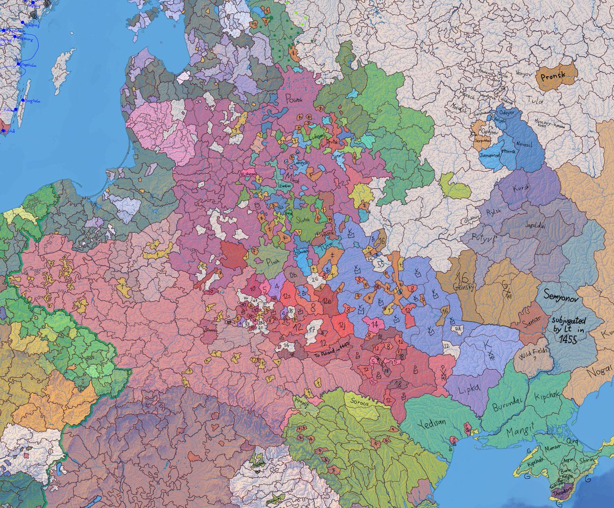 RRatkus's tweet image. ahh the more fun part of mapmaking - coloring them up after drawing all of these lines (1444 europe)