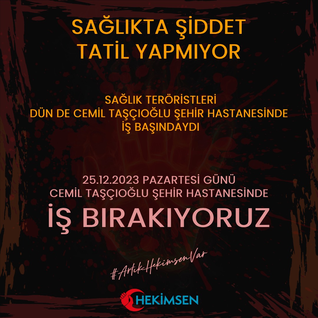 hekimsen's tweet photo. İstanbul Cemil Taşçıoğlu Şehir Hastanesi'nde dün akşam acil serviste, 1 hekim ve 3 hemşire arkadaşımız hasta yakınları tarafından darp edilmiştir. Hekimimizin yüz kemiklerinde kırılma ve kafa travması olması nedeniyle yoğun bakımda tedavisi devam etmektedir. 
Meslektaşımıza ve hemşirelerimize geçmiş olsun dileklerimizi iletiyoruz.

Yönetim Kurulumuz tarafından İstanbul Cemil Taşçıoğlu Şehir Hastanesi'nde 25.12.2023 Pazartesi günü için iş bırakma kararı alınmış ve karar yazısı imzaya açılmıştır. Hazır olduğunda web sitemize yüklenecektir. 

Sağlık Bakanımız, meclis konuşmasında yurt dışına gitmek için iyi hal belgesi alan hekim sayısını ve çok azının yurt dışına gittiğini gururla duyurmuştu. Ancak o hekimlerin neden yurtdışına gittiği konusunda daha önce düşüncesini parmak hareketi ile belirtmesinin dışında bir fikir beyan etmedi.

Hekimlerin yurtdışına gitmesinin en büyük nedenlerinden birinin "HEKİME ŞİDDET"  olduğunu hatırlatmak istiyoruz.

Sn. @drfahrettinkoca, biz Hekimsen olarak sizi her zaman bilgilendirmeye hazırız.
Hekimler için kurulduk, hekim hakları için yanlış söylemlerin daima karşısında olacağız.

#ArtıkHekimsenVar