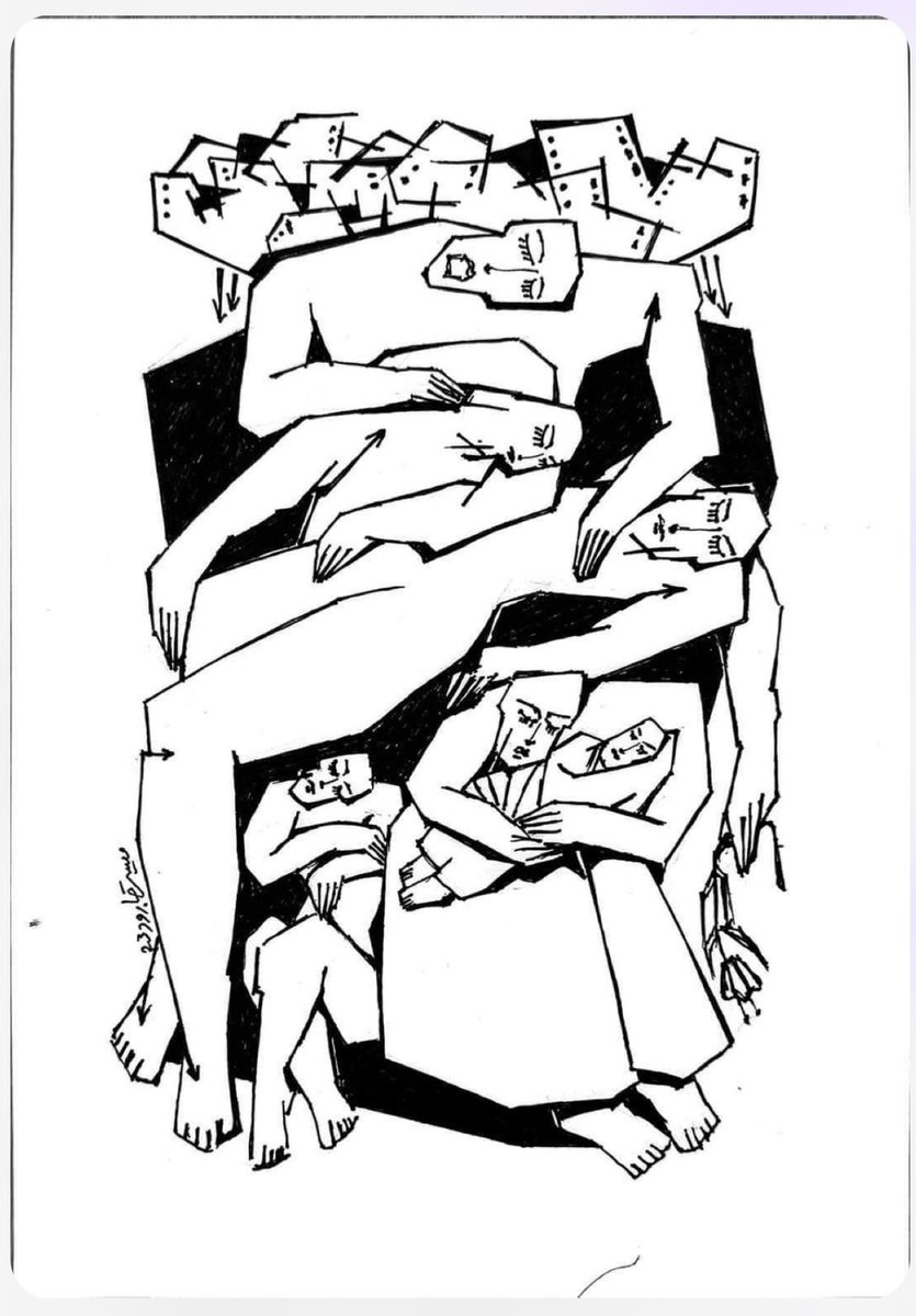 majedbamya's tweet image. This is a drawing from the Palestinian artist Maisara Baroud who drew it while living through the bombing of Gaza