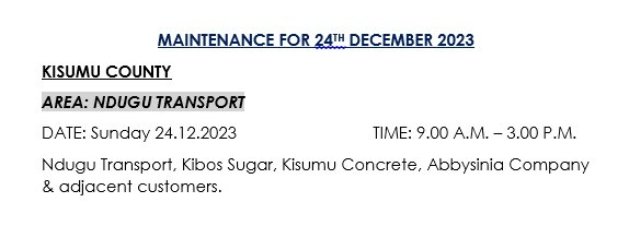KenyaPower_Care's tweet photo. Good evening, please find the area on maintenance tomorrow, 24th of December 2023.^MM https://t.co/DwJfo9woDE