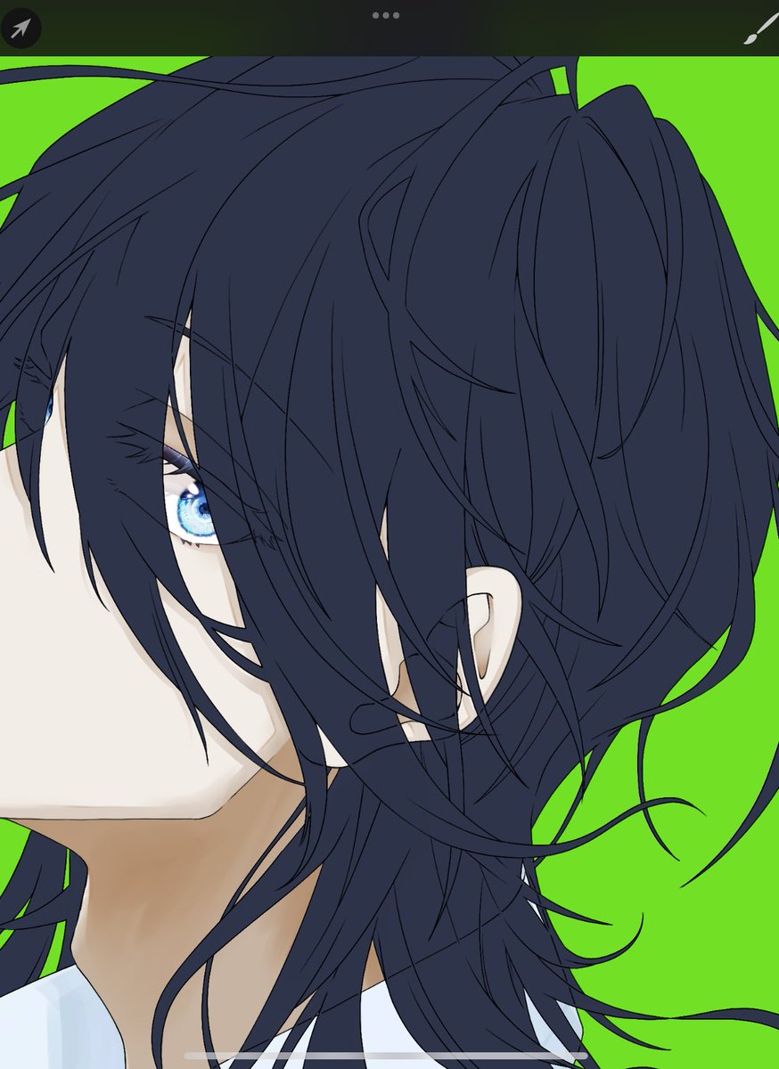 solo blue eyes 1girl green background black hair simple background looking at viewer  illustration images