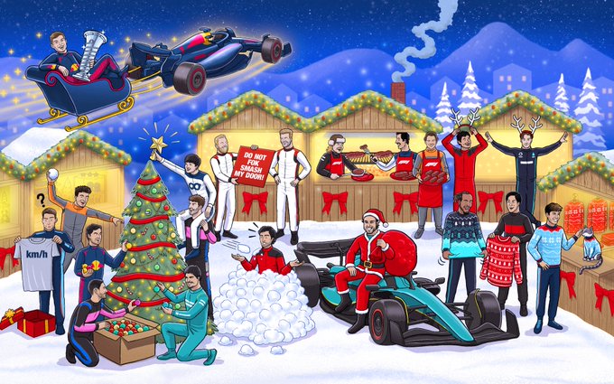 A illustration graphic of the 2023 Formula 1 drivers celebrating Christmas. Max Verstappen is in a sleigh with his WDC trophy being pulled by the RB19. Logan Sargeant is unwrapping a 'km/h' shirt present. Lando Norris is throwing snowballs at Carlos Sainz. Sergio Perez, Esteban Ocon and Lance Stroll are decorating a Christmas tree. Yuki Tsunoda is on Pierre Gasly's shoulders placing the star on top of the tree. Nico Hulkenberg and Kevin Magnussen are appreciating a decorated sign reading 'do not fok smash my door!". Valtteri Bottas, Daniel Ricciardo and Oscar Piastri are hosting an Aussie BBQ market stall. Charles Leclerc & George Russell are trying on reindeer ears, with George doing his opening titles pose. Fernando Alonso is dressed as Santa. Lewis Hamilton and Zhou Guanyu are trying on Christmas jumpers, and Alex Albon is patting his cat Stan who is also in a Christmas jumper! 