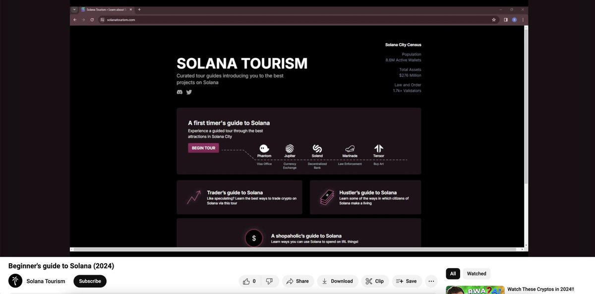 SolanaTourism's tweet photo. Just recorded a video going through the first timer's guide to Solana. 

It's the perfect video to send to someone looking to explore Solana for the first time.

Link below 👇 https://t.co/UP2mKLN0hb