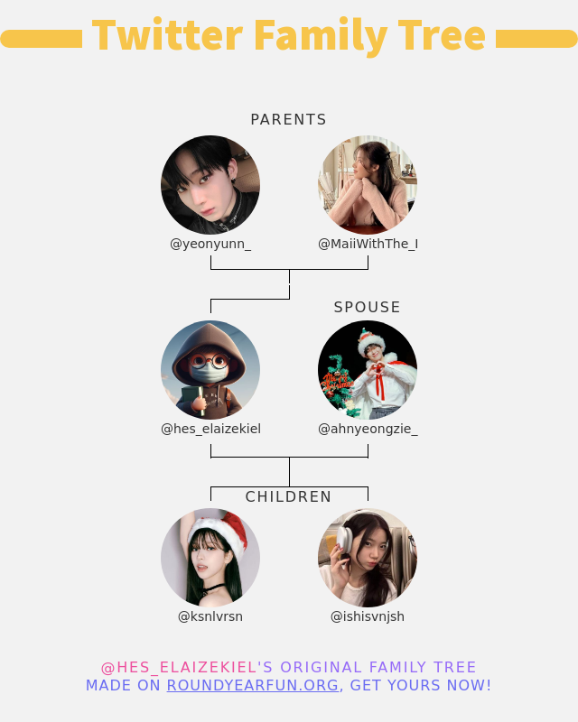 👨‍👩‍👧‍👦 My Twitter Family:
👫 Parents: <a href="/yeonyunn_/">`</a> <a href="/MaiiWithThe_I/">Maryy</a>
👰 Spouse: <a href="/ahnyeongzie_/">soph ; missing jebewon</a>
👶 Children: @ksnlvrsn <a href="/ishisvnjsh/">Nixx</a>

➡️ funxgames.me/twitterfamily?…
