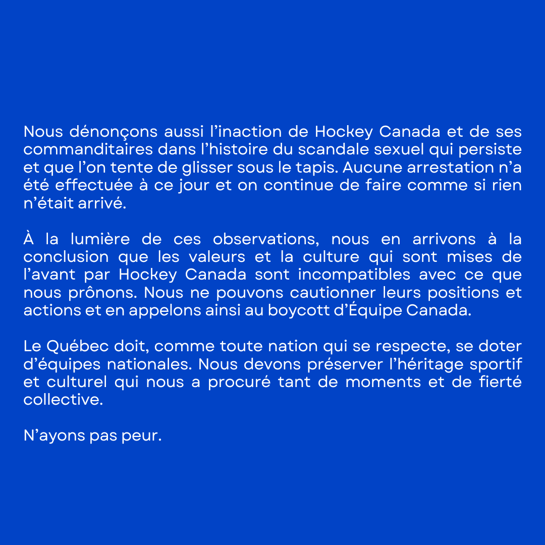 Déclaration de Projet Équipe Nationale.

Boycottons Équipe Canada.

#MondialJunior #IIHF