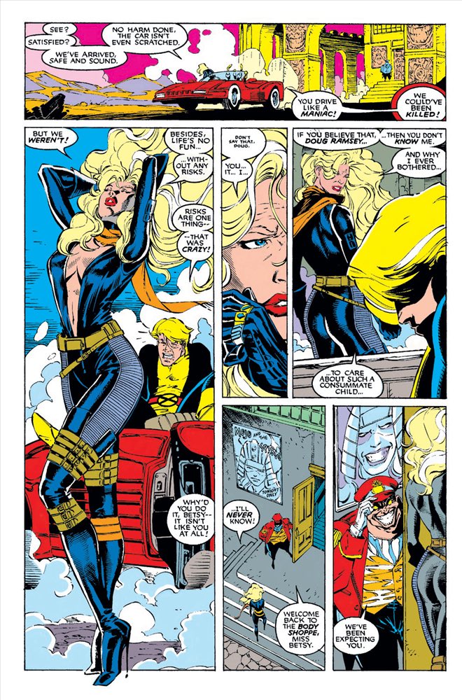Betsy Braddock is one of my favorites. In her initial apps in Captain Britain books she was a charter pilot with a fuck-ass Bob, but when being brainwashed by the Hand, she flashed to those early days of adventuring she was like “nope, I was a full Victoria’s Secret Model”