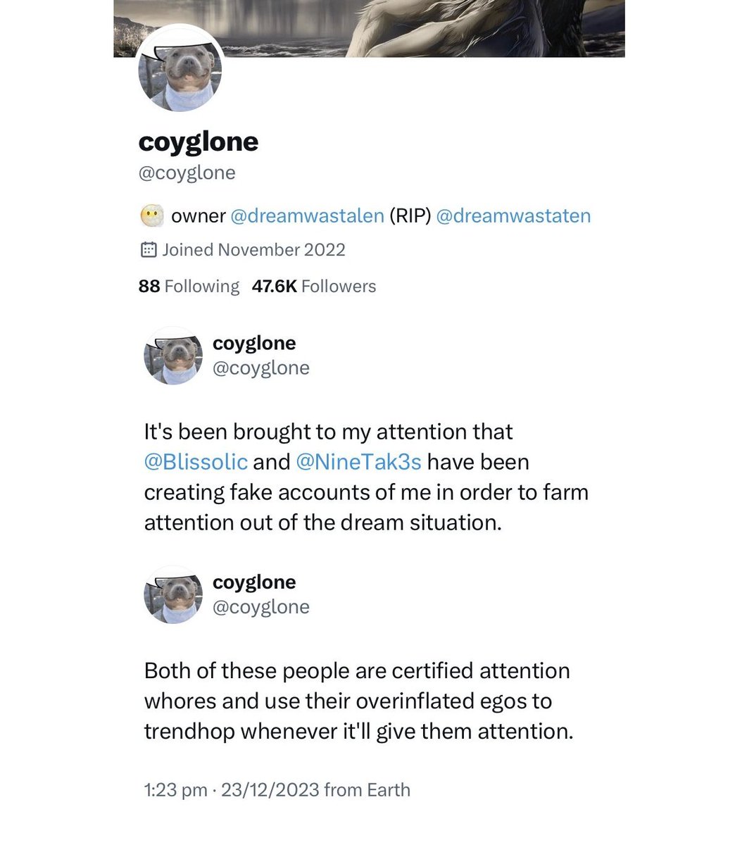 CommentCopped's tweet photo. the owner of the Dream parody accounts (@coyglone) spent weeks falsely accusing Dream of being a pedo for attention 

and now he's crying that people made parody accounts about him https://t.co/jRkHFjdlD6