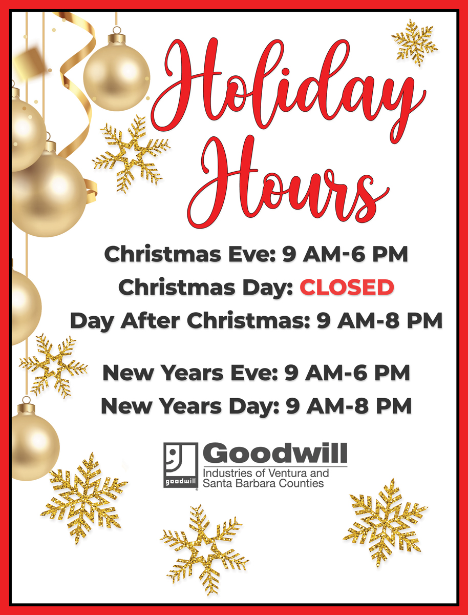 Our holiday store hours for this year, 2023. Happy Holidays

#goodwill #goodwillvsb #gwvsb #local #localcommunity #venturacounty #santabarbaracounty #nonprofit #missionservices
