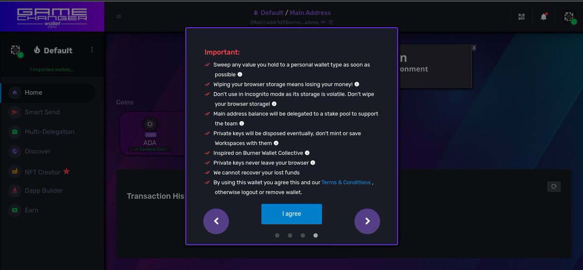 (4/15)

Follow the welcome wizard to create a default Burner Wallet if you are new to #GameChangerWallet. 

Read, then click on 'I Agree' to continue