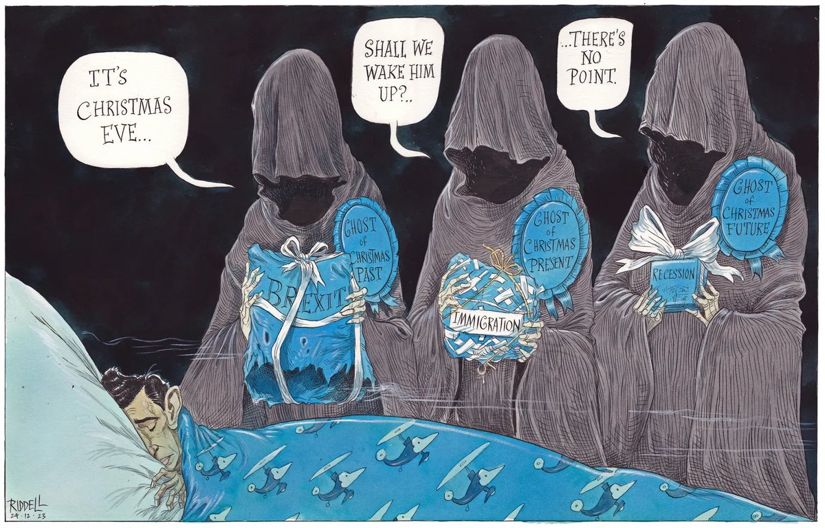 Chris Riddell on Rishi ‘Ebenezer’ Sunak sleeping blissfully on #RishiSunak #Sunak – political cartoon gallery in London original-political-cartoon.com