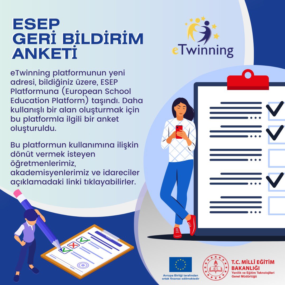 tretwinning's tweet photo. Değerli Öğretmenlerimiz,

eTwinning platformunun yeni adresi ESEP’te kullanışlı bir alan oluşturmak için platformla ilgili bir anket oluşturuldu. 
🔗https://t.co/HOIN6GEM5b
@mebyegitek https://t.co/5dawjcwNm3