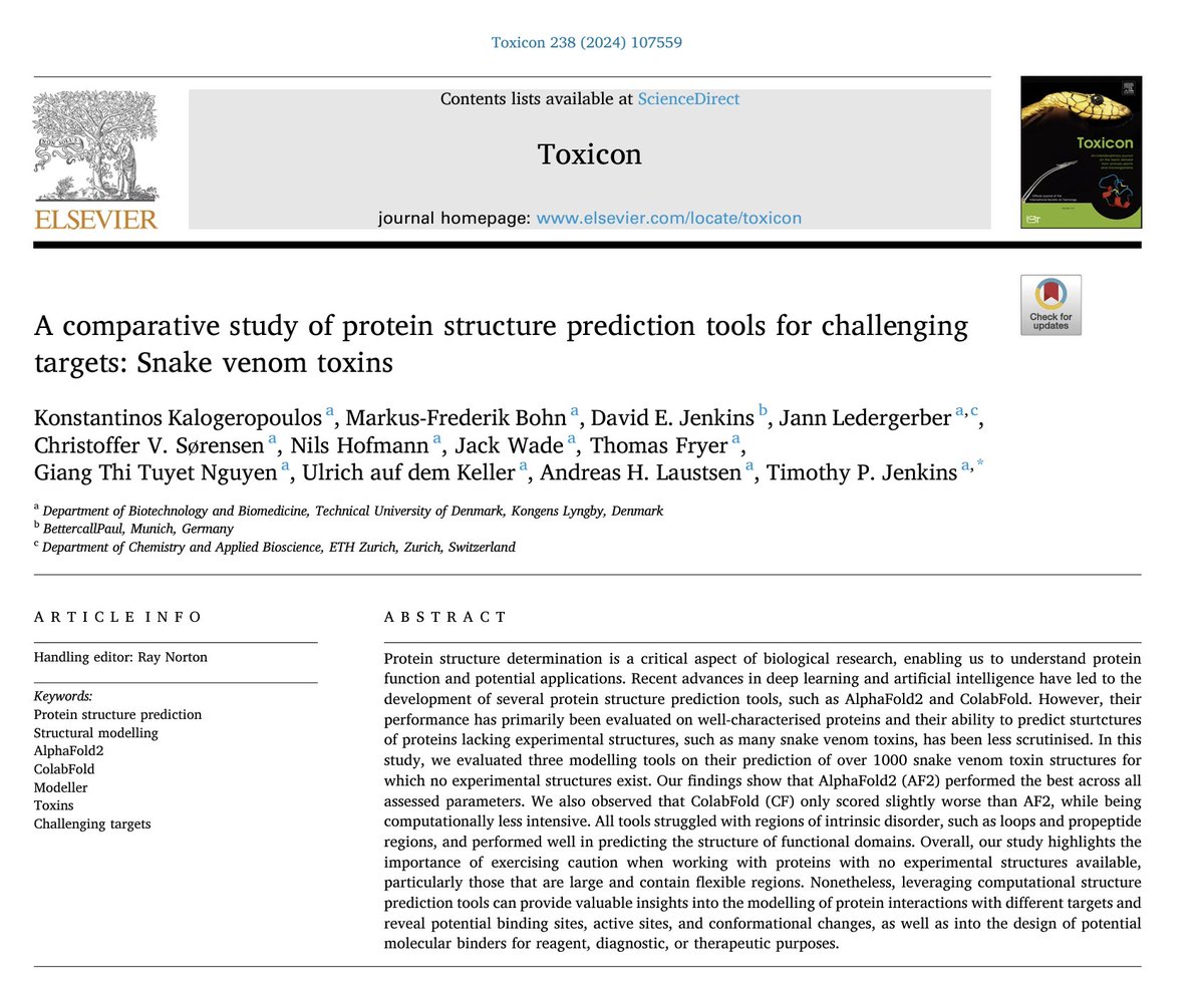 🎉 Excited to share the latest and likely last publication of 2023 from the #DigitalBiotechnologyLab! "A Comparative Study of Protein Structure Prediction Tools for Challenging Targets: Snake Venom Toxins," now out in the society journal #Toxicon.

shorturl.at/qzOUY
